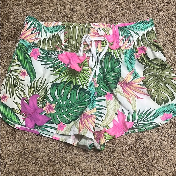 Hurley Pants - Hurley Women's Tropical Floral Athletic Shorts - Pink and Green